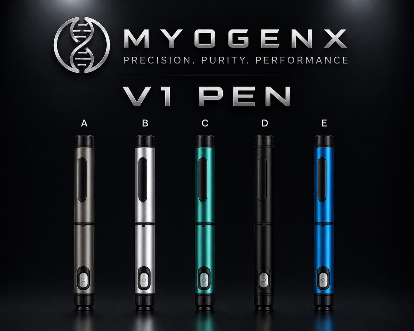 V1 Reusable Dosing Pen, MYOGENX reusable laboratory dosing pen shown in its anodised finish range against black