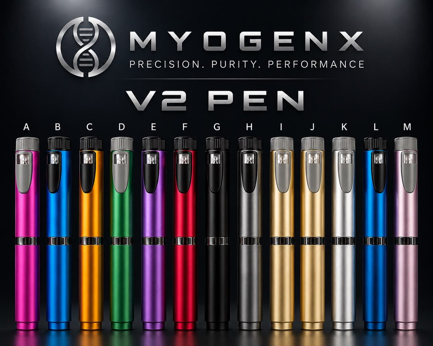 V2 Reusable Dosing Pen, MYOGENX reusable laboratory dosing pen shown in its anodised finish range against black