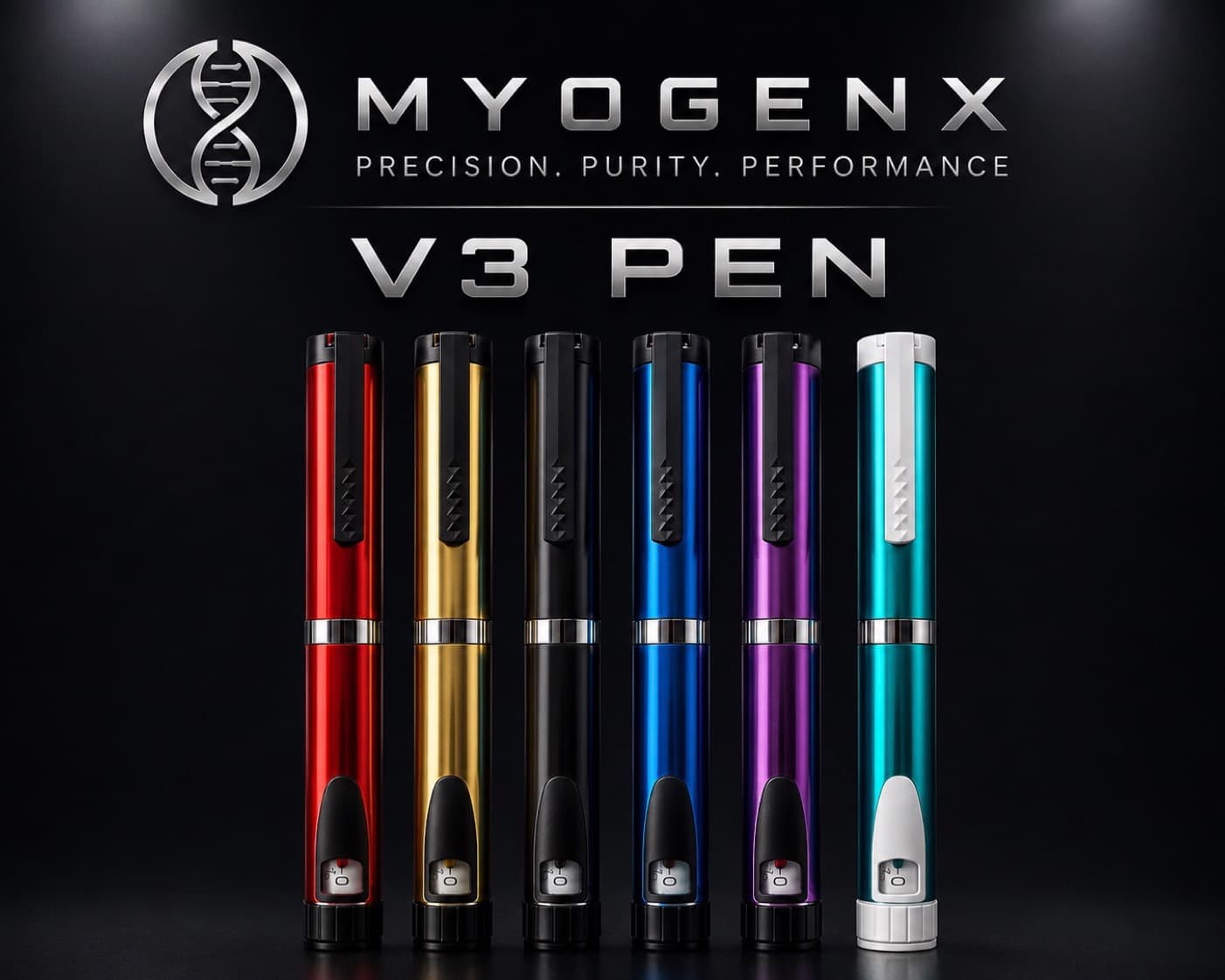 V3 Reusable Dosing Pen, MYOGENX reusable laboratory dosing pen shown in its anodised finish range against black